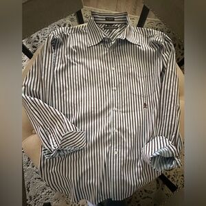 Tommy Hilfiger Men's Striped Dress Shirt in  chocolate and blue stripes